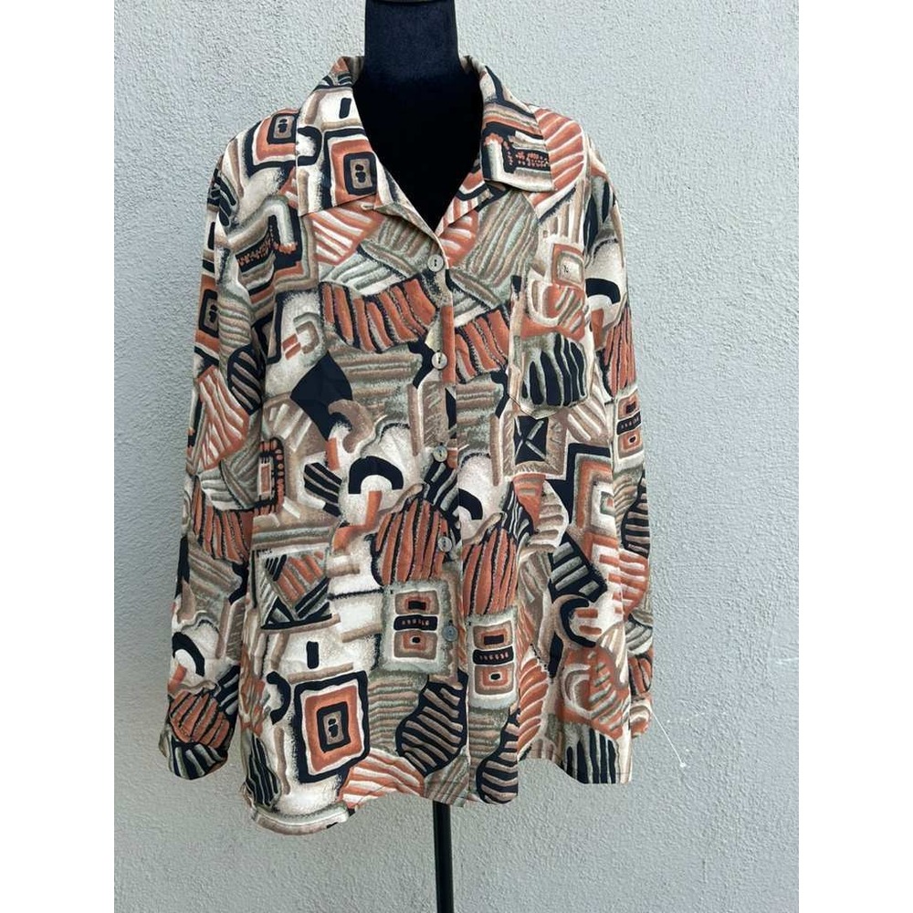 KC Studio Vintage Abstract‎ Geometric Print Button Up Blouse Earth Tones XL